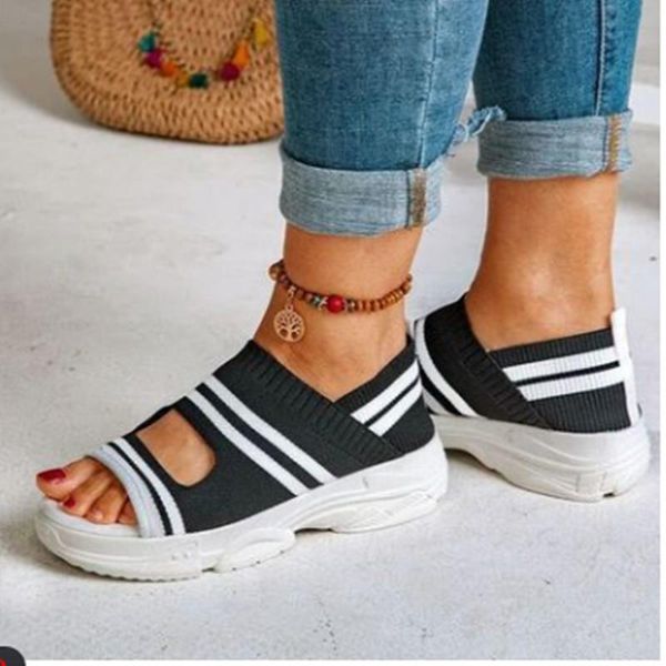 

dress shoes summer women sandals open toe wedges platform ladies knitting lightweight sneakers big size zapatos mujer, Black