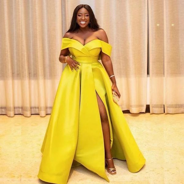 

yellow satin plus size prom dresses aso ebi 2022 off shoulder side high slit evening african women formal party gown, Black