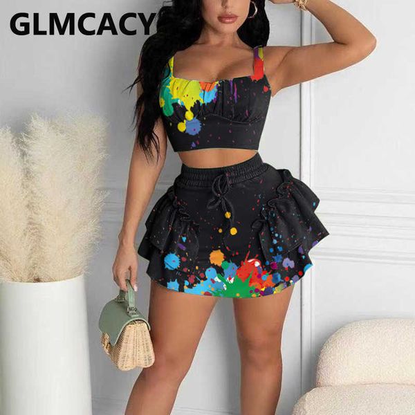 

abstract painting printed two piece suits crop & mini skirt set 210702, White