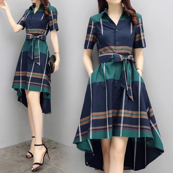 

dresses plaid dress 2021 spring and summer new women's mid long fashion temperament slim irregular short sleeve shirt skirt, Black;gray