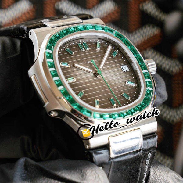 

designer luxury watches 5711/113p-01 5711 gray texture dial automatic mens watch steel emerald diamond bezel leather strap sport discount, Slivery;brown
