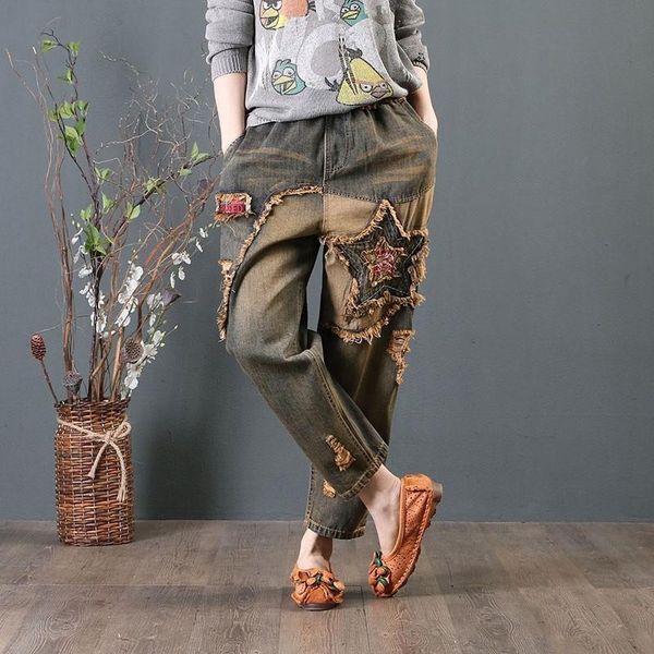 

women's jeans spring art style vintga embroidery elastic waist all-match casual loose patchwork design cotton denim ripped a12, Blue