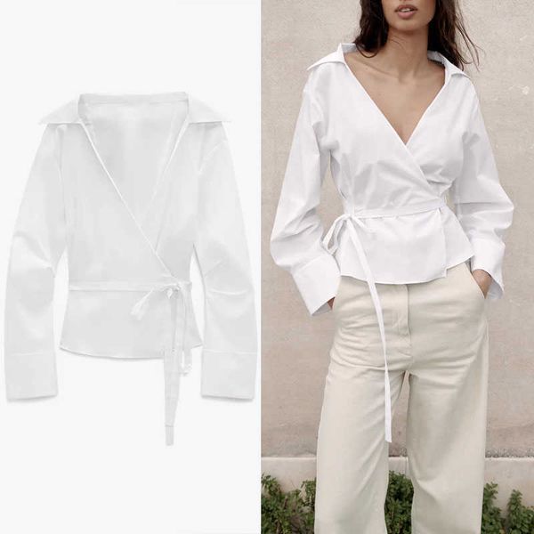 

za white poplin vintage shirt women long sleeve pleated spring tied shirts woman fashion front wrap casual 210602