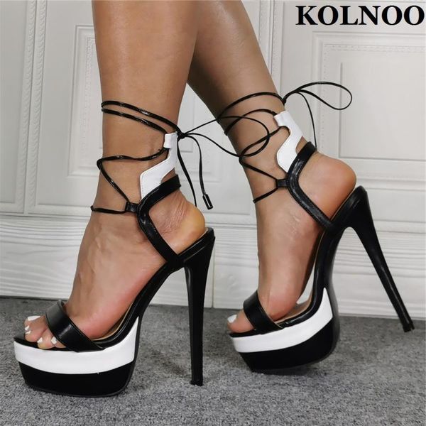 

sandals kolnoo classic womens handmade stiletto heel patchwork leather crisscross shoelace platform fashion party shoes, Black