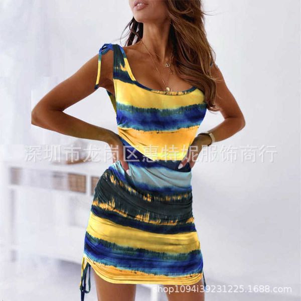 

summer sleeveless drawstring party fashion tie dye tight buttock dress, Black;pink