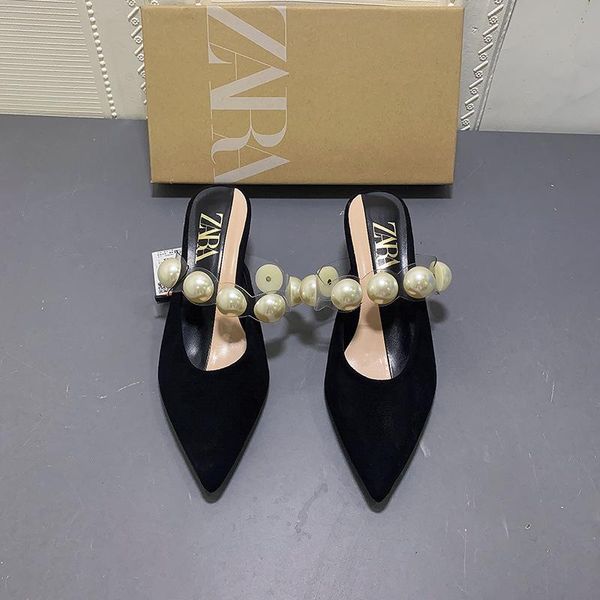 

dress shoes zar2021 summer women's suede black sandals artificial pearls high heel muller pointed toe thin