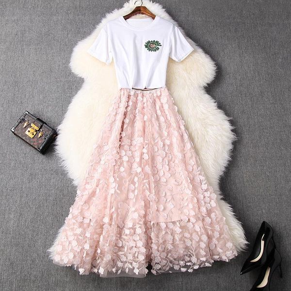 

two piece dress 2021 summer skirt set for women girls sequin floral white tshirt 3d embroidery pink long matching sets
