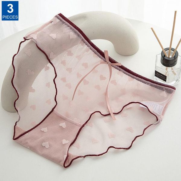 

women's panties 3 pcs "sweet hearts" japanese girls transparent underwear cotton crotch antibacterial briefs breathable lace, Black;pink