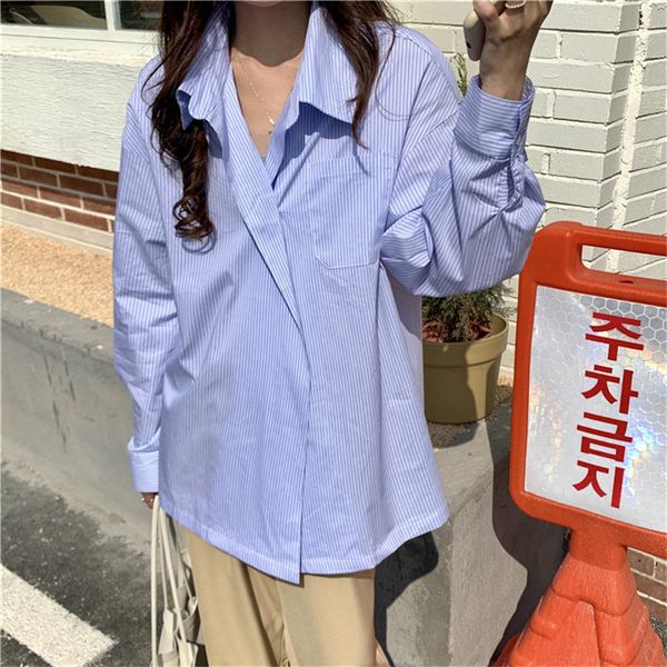 

chic blue striped casual streetwear geometric thin sweet summer retro gentle vintage all match femme shirts 210421, White