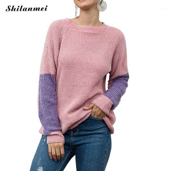 

women's sweaters color contrast sweater pullovers women autumn winter long sleeve o-neck pullover knitted girls pink purple causal pull, White;black