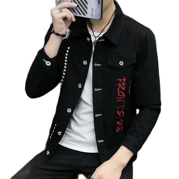 

men's jackets denim jacket man's korean autumn 2021 school students all-match letter embroidery washing black coat, Black;brown
