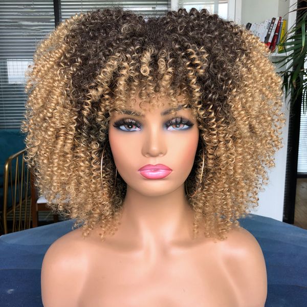 

short afro kinky curly wig with bangs for black women cosplay lolita ombre synthetic natural blonde hair brown black can select
