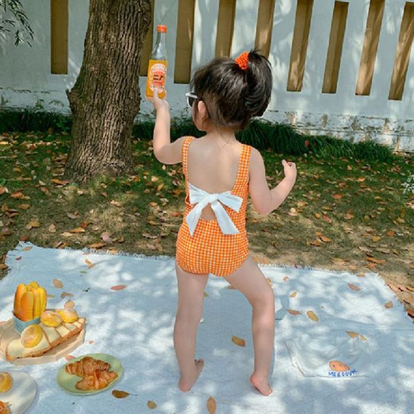

one-pieces toddler baby swimwear cotton little kids swimsuit sling one-piece girls fashion plaid infant vacation clothes bow for, Black