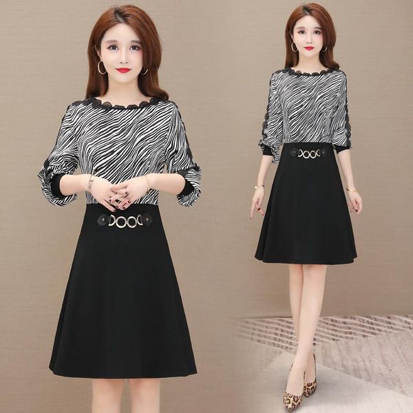 

casual dresses coigarsam women dress autumn 2022 office lady korea style fashion striped full sleeve patchwork solid o-neck, Black;gray
