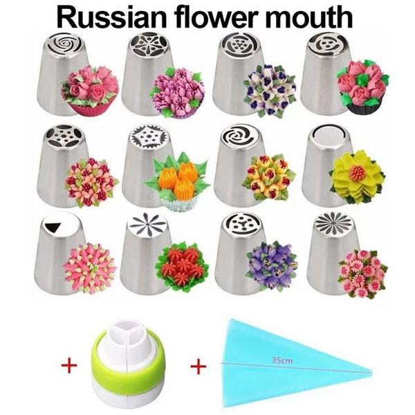 

baking & pastry tools 14pcs russian drop rose icing piping nozzles stainless steel flower mouth cream tips bag cake decorating