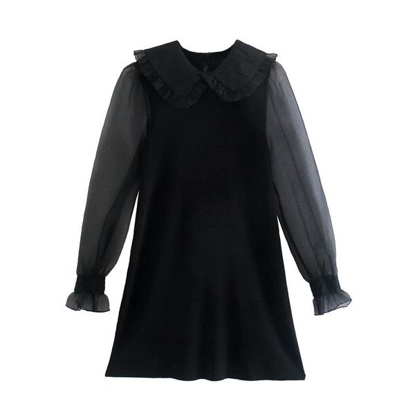 Abiti casual YENKYE Abito da donna in maglia patchwork a maniche lunghe in organza trasparente sexy Abito corto da donna vintage nero autunnale