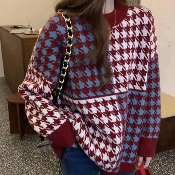 

women's sweaters oversize sweater woman korean fashion long female clothing houndstooth casual o-neck pullover jumper 2021 autumn winte, White;black
