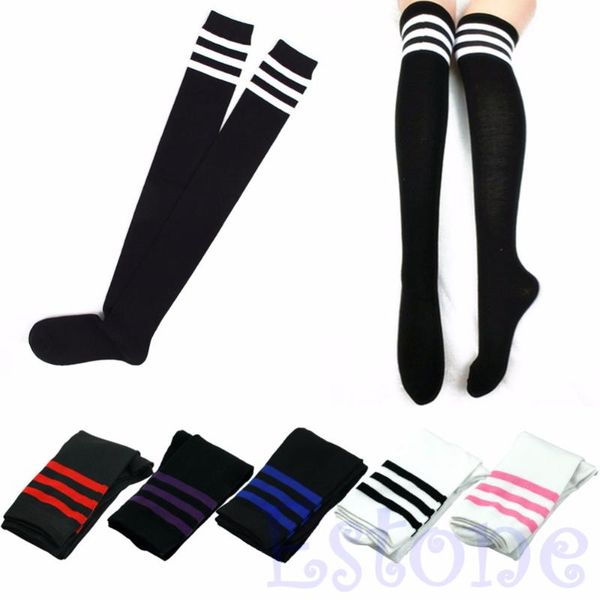 

sports socks women stripe cotton over knee thigh high stockings long, Black
