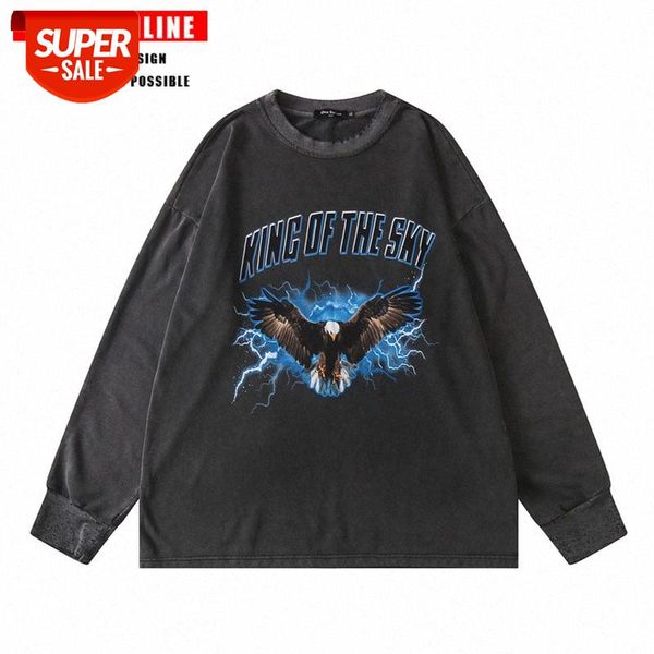

streetwear men autumn men's retro long-sleeved t-shirt europe and the united states high street ins wash water loose thin sweater base, White;black