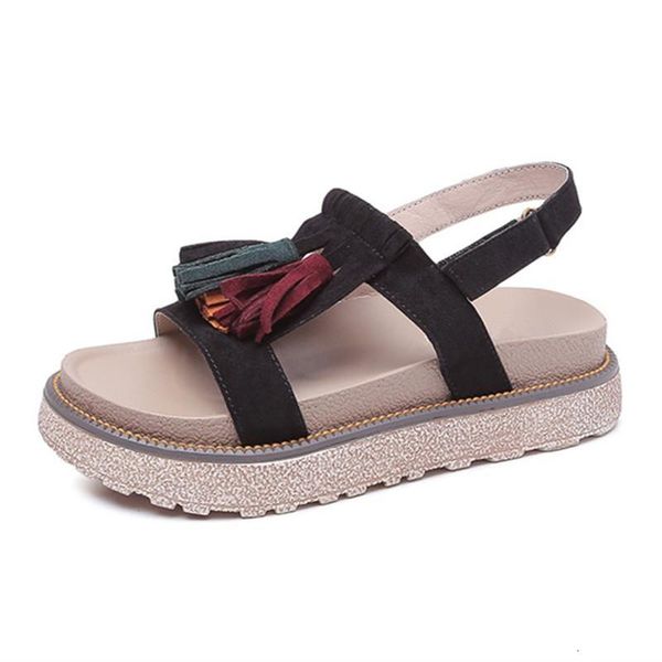 

sandals woman shoes summer style wedges flat women fashion slippers fringe platform genuine leather plus size 7f0a, Black