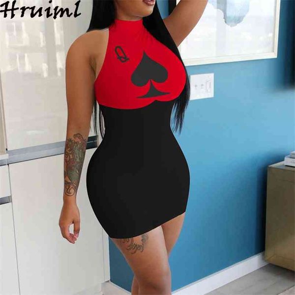 

bodycon poker print skinny women dress summer halter sleeveless color matching mini fashion party club vestidos 210513, Black;gray