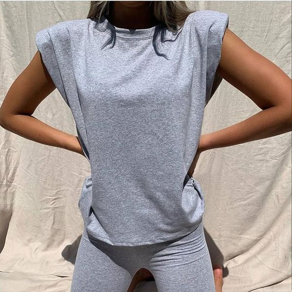 

summer shoulder pad t womens tracksuits shirts o neck sets khaki sleeveless two piece set crop and shorts drawstring, Gray