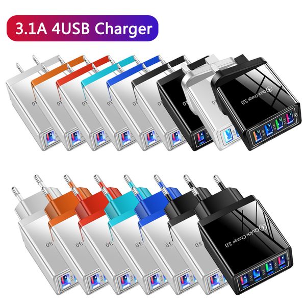 USB Şarj Cihazı 4ports 18 W Hızlı Şarj Hızlı Şarj iPhone 13 12 Xiaomi Samsung S10 Huawei Taşınabilir AB / ABD Plug Wall Chargers
