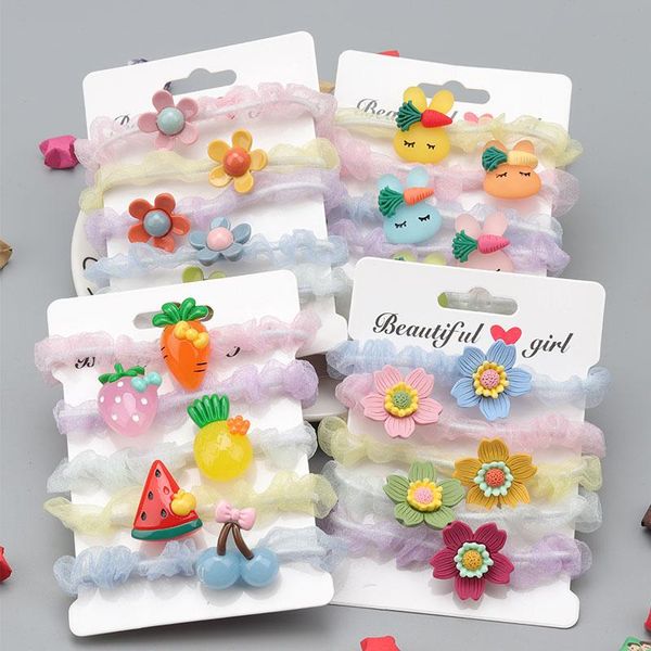

hair accessories five-piece set, korean cartoon tie, flower rope, elastic ornament for children, cute fruit head rope headdress, Slivery;white