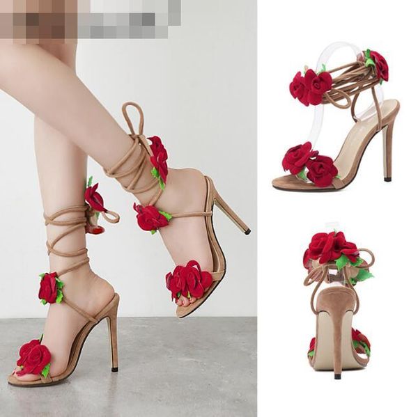 

large red flower high heel lace up woman sandal wedding party sandals, Black