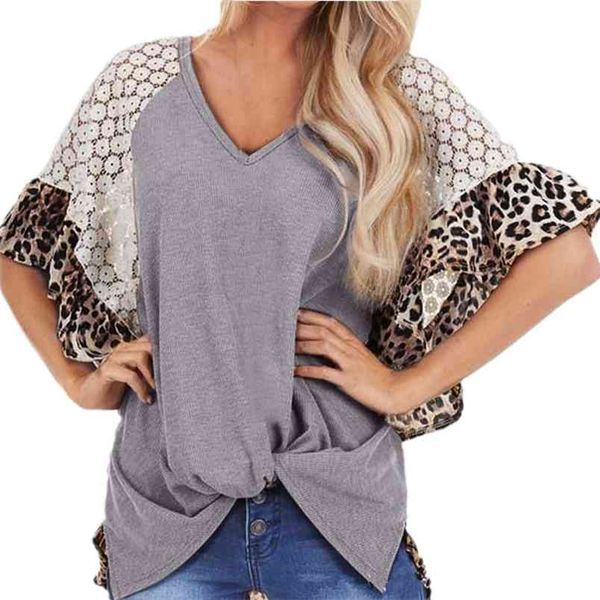 

v-neck lace hollow out leopard patchwork irregular flare sleeve t-shirts women summer casual loose twist knot oversize 210604, White