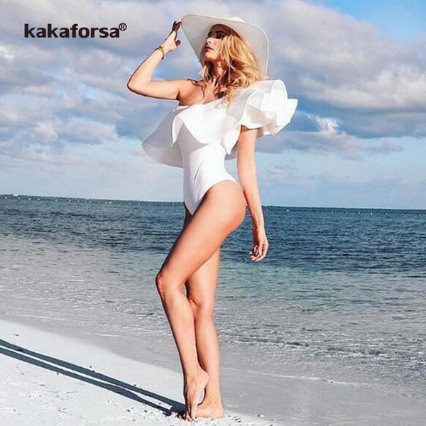

kakaforsa 2021 one shoulder ruffles one-piece swimsuit solid women bodysuit summer fused bathing suit monokini two-piece suits