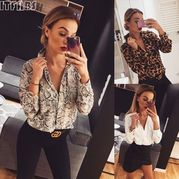 

leopard long sleeve womens t shirts autumn deep v neck print ladies s xl, White