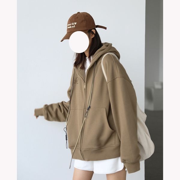 

2021 autumn and winter continuation of high street feeling loose multicolor hat rope embroidery plush hooded sweater coat women's, Black