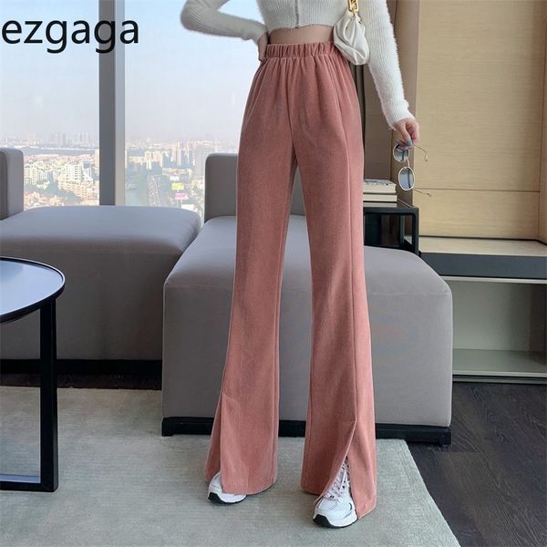 

ezgaga flare pants split sweatpants women casual high waist corduroy long trouser wide leg ladies capris solid slim streetwear 210430, Black;white