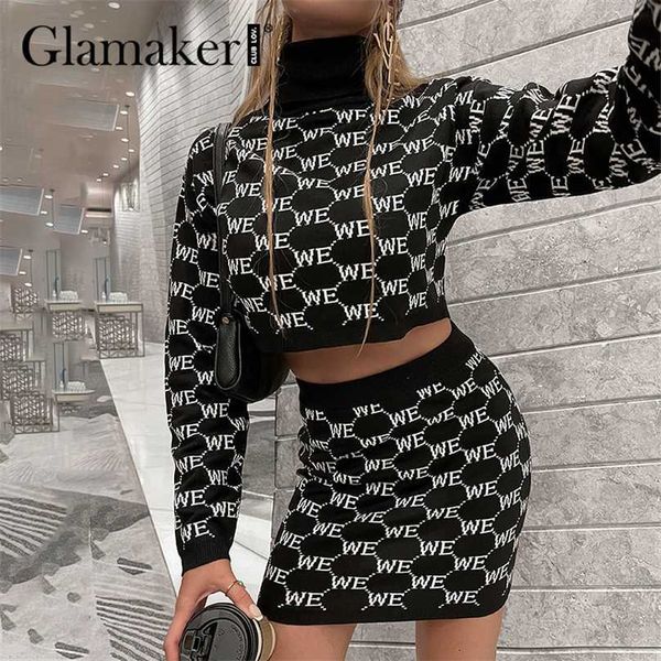 

glamaker elegant turtleneck pullover skirts suit dresse warm sweaters and letter knitwear fashion chic co ord set 211106, White