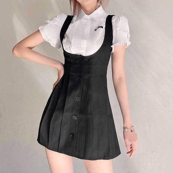 

2021 summer new women's short sleeve lapel cardigan t-shirt solid strap dress, White