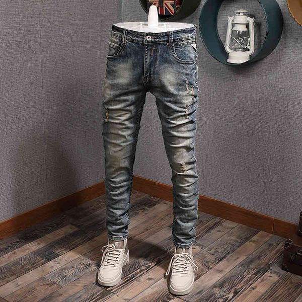 

jeans fashion retro slim fit ripped men elastic vintage designer pants streetwear hip hop jeans, Blue