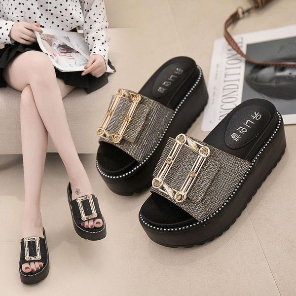 

crystal metal decoration pu ladies sliders high platform bling rivet spring autumn casual modis sweet concise solid peep toe slippers, Black