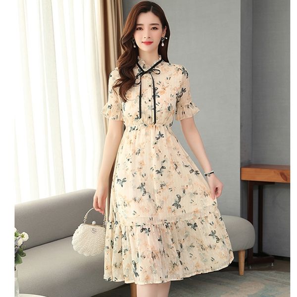 

chiffon high elastic waist elegant ruffles bow a-line women short flare sleeve flower print floral summer dress vestidos 210416, Black;gray