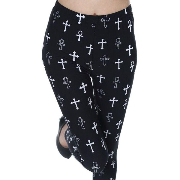 

women's leggings feminine fitness slim comfortable legs affixed super soft cross symbol printed pencil pants sexy, Black