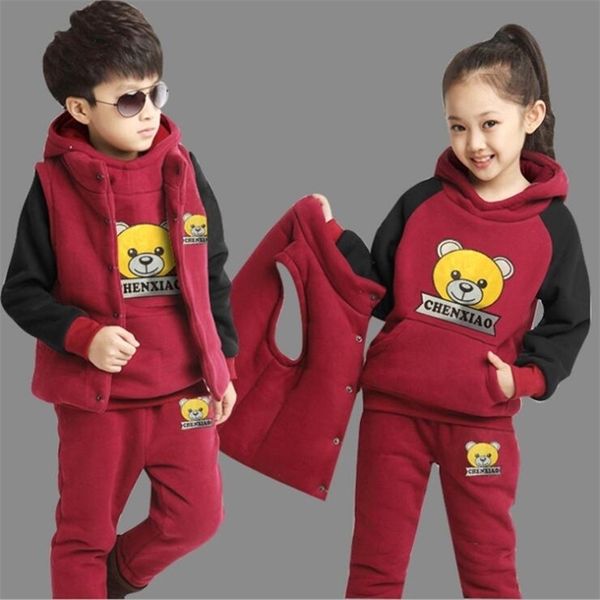 

boy girls winter set child sports thick fleece hoodies+pants+vest 3pcs sets children's clothing sweatshirts casual suits 211025, White