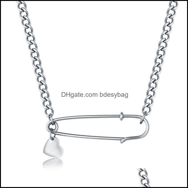 

& pendants jewelrysteel paper clip necklace rock punk style safety pin pendant necklaces with blank heart charm mirror polished drop deliver, Silver