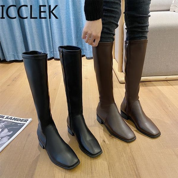 

knee-length boots fashion square toe women winter boots side zipper women shoes pu leather boots winter shoes botas mujer 210428, Black