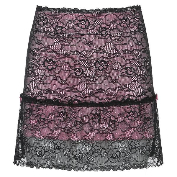 

lace mesh a-line skirt women casual short skirts (with lining), Black