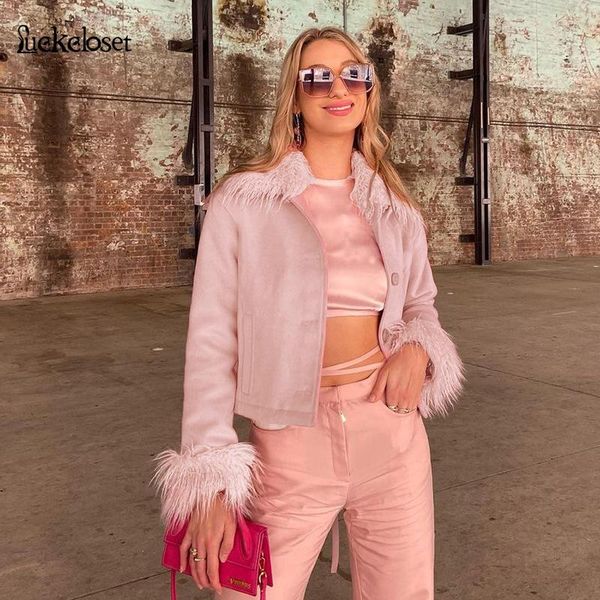 

women's wool & blends sweet feather collar jacket street wear punk style womens coats long sleeve turn-down single breasted short fashi, Black