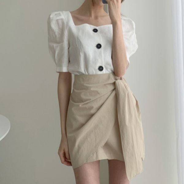 

skirts elegant korean clothes for women set of two white pieces vintage shirt ruched mini skirt ensemble lady chic office suit, Black