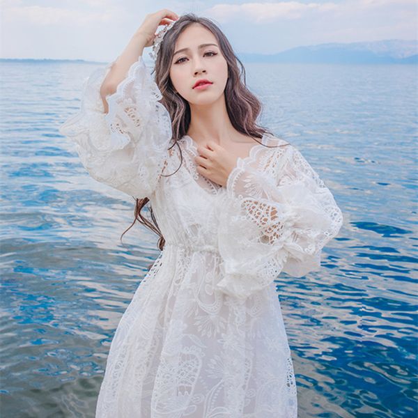 

dress summer in casual women's lace hollow out long maxi femme cleave v wrist bach party sleeve ed, Black;gray
