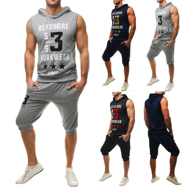 

men's tracksuits casual suit summer vest sleeveless hoodie shorts sports letter pattern t605, Gray