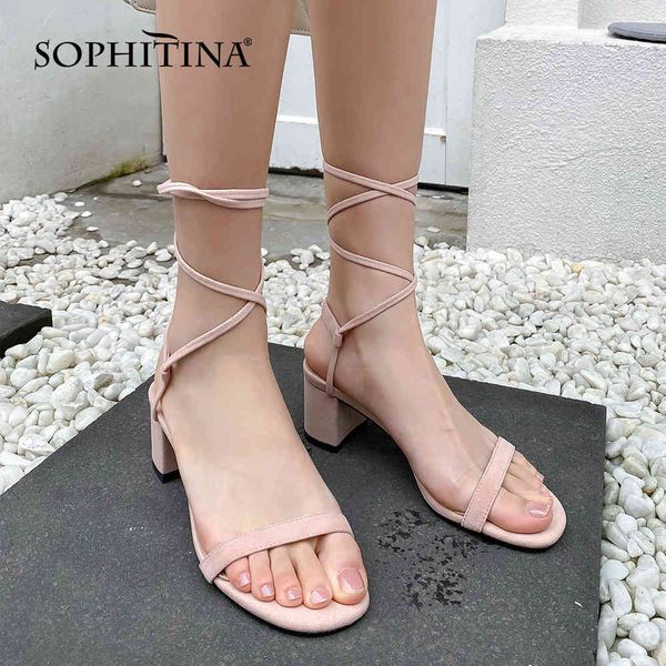 

sophitina women sandals casual summer pink ankle strap leather sandals thick heel open toe all-match sweet ladies shoes ao862 210513, Black