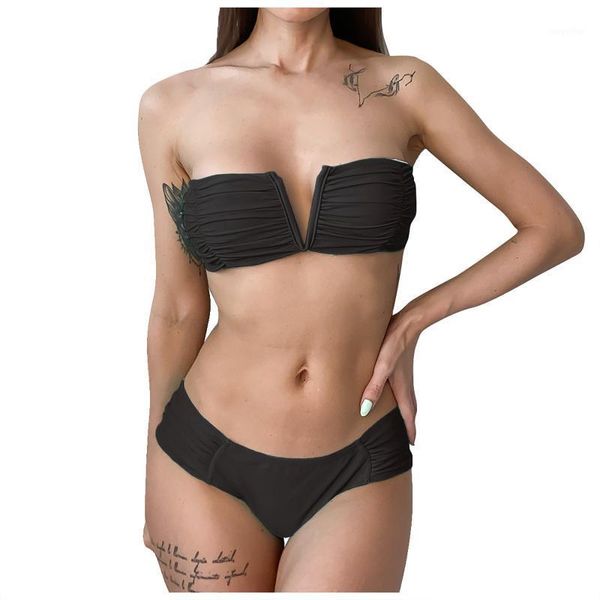 

women's swimwear bikini set 2021 fashion bra high waist solid color split swimsuit suit female biquini monokin, White;black